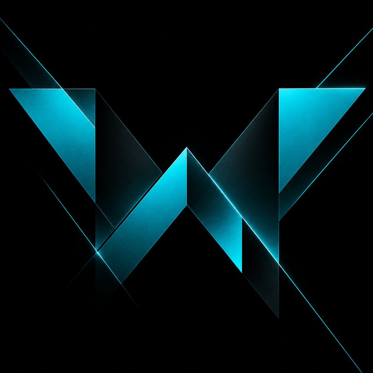 Abstract geometric technology visual with interlocking cyan shapes on a black background