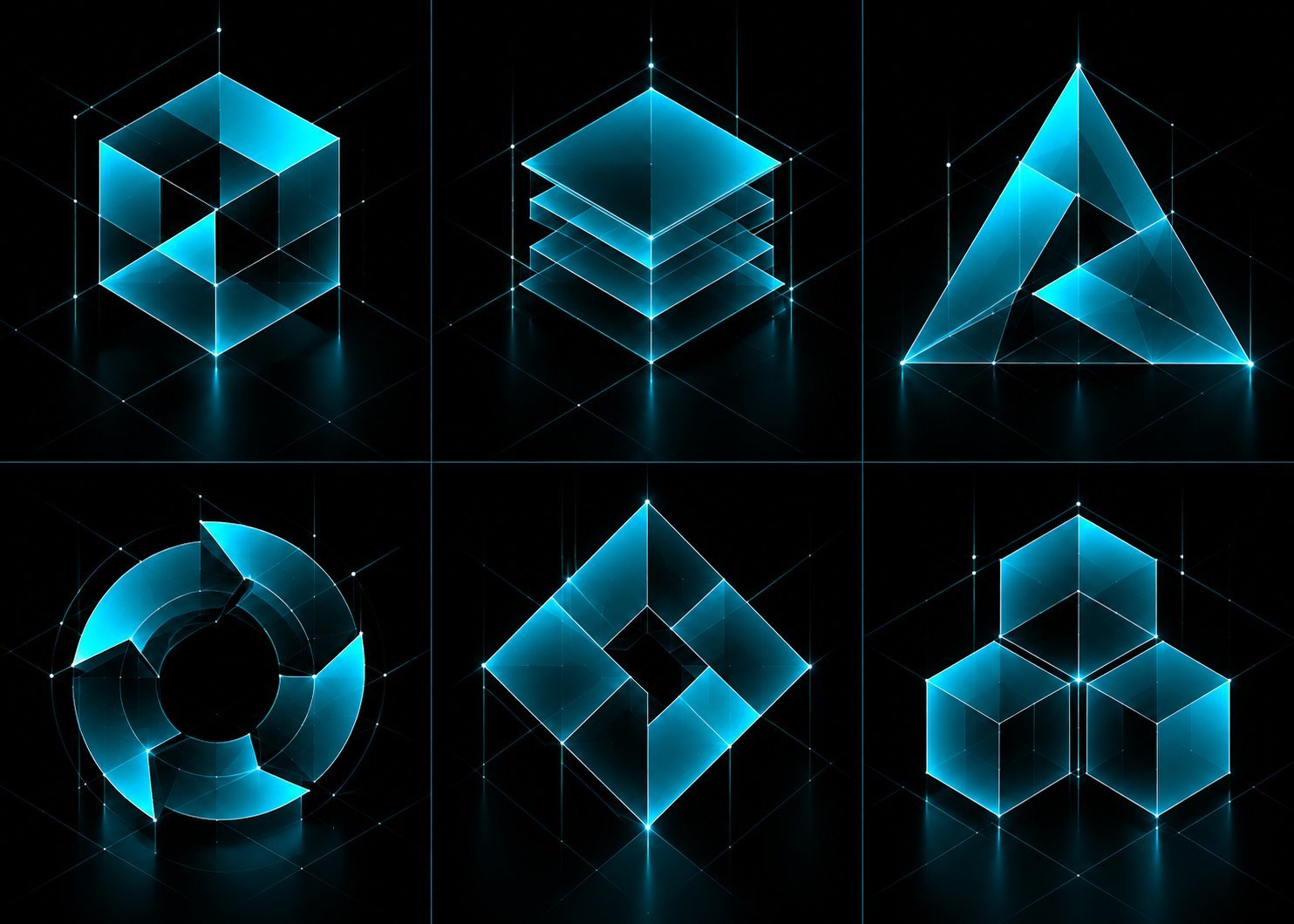 Abstract geometric completed-project visual with interlocking cyan shapes on black